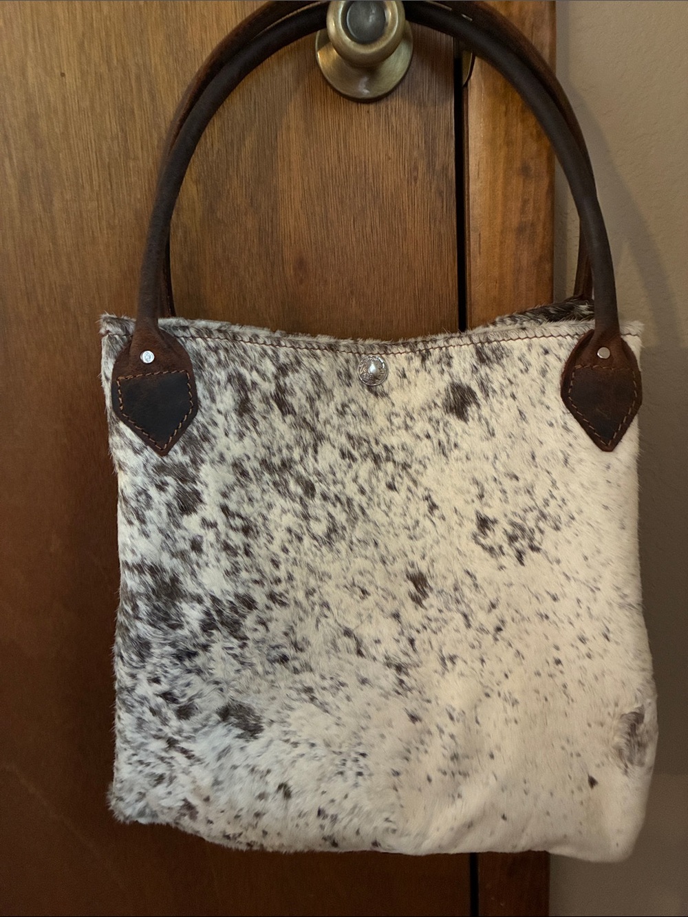 Speckled Haircalf Tote with Dark Brown Leather Handles - White/Brown